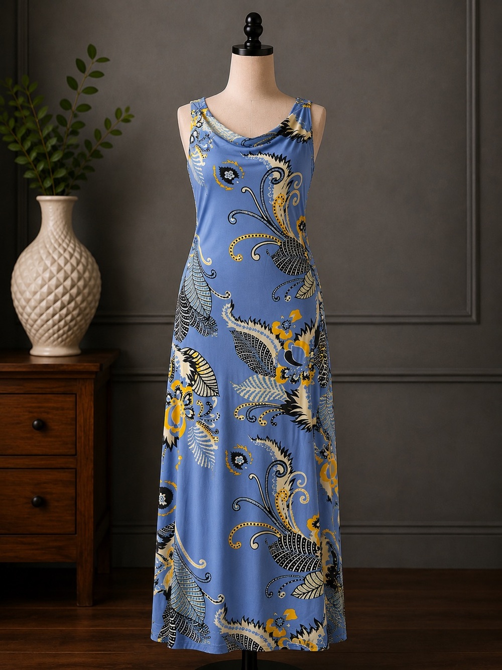 Tahari Sleeveless Blue Floral Maxi Dress with Yellow & Black Accents